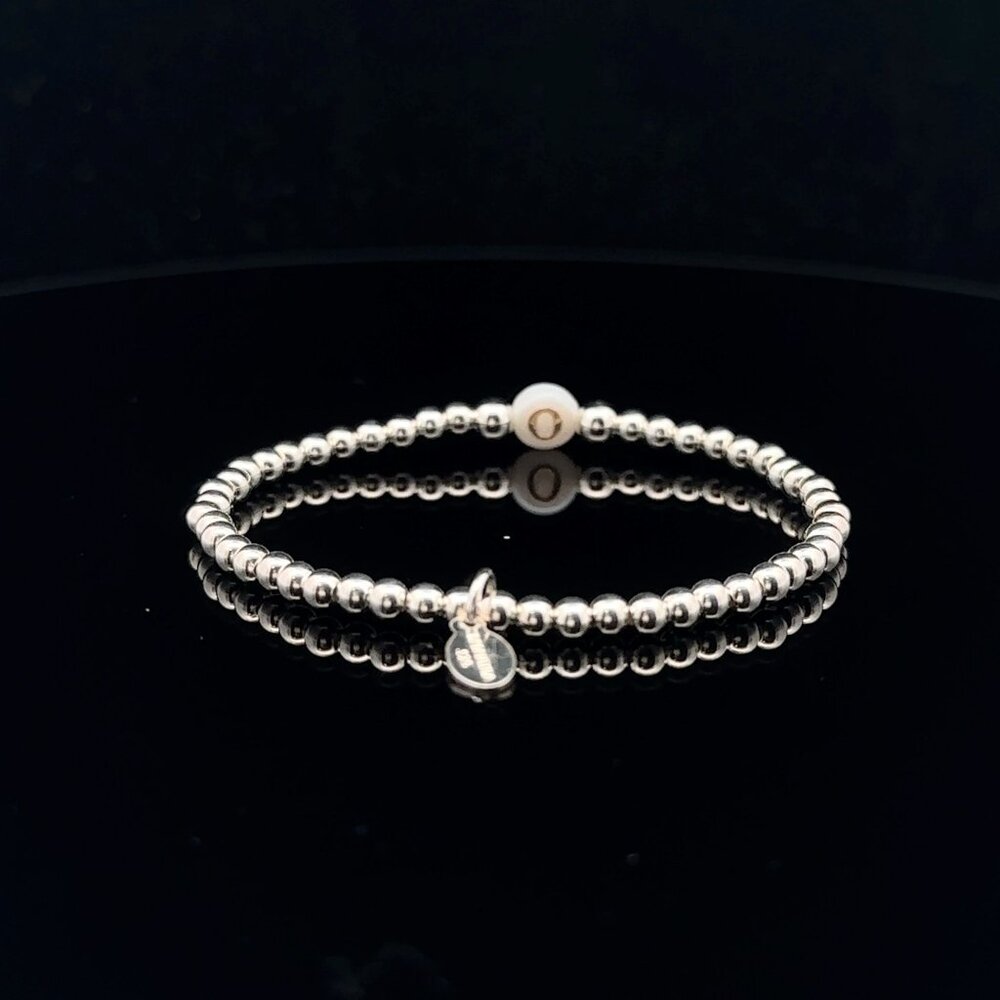 925 Sterling Silver Beaded Stretch Stacking Bracelet MOP Letter Initial O - Picture 4 of 6